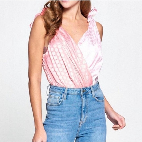 Strut & Bolt Pink Polka Dot Shoulder Tie Bodysuit - S - Picture 1 of 7